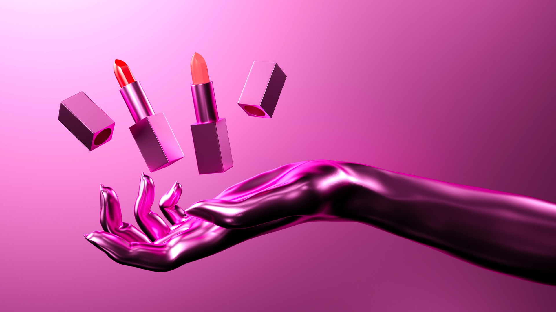 Futuristic Floating Lipsticks Above Metallic Pink Hand in a Sleek 3D Composition, 3D Rendering