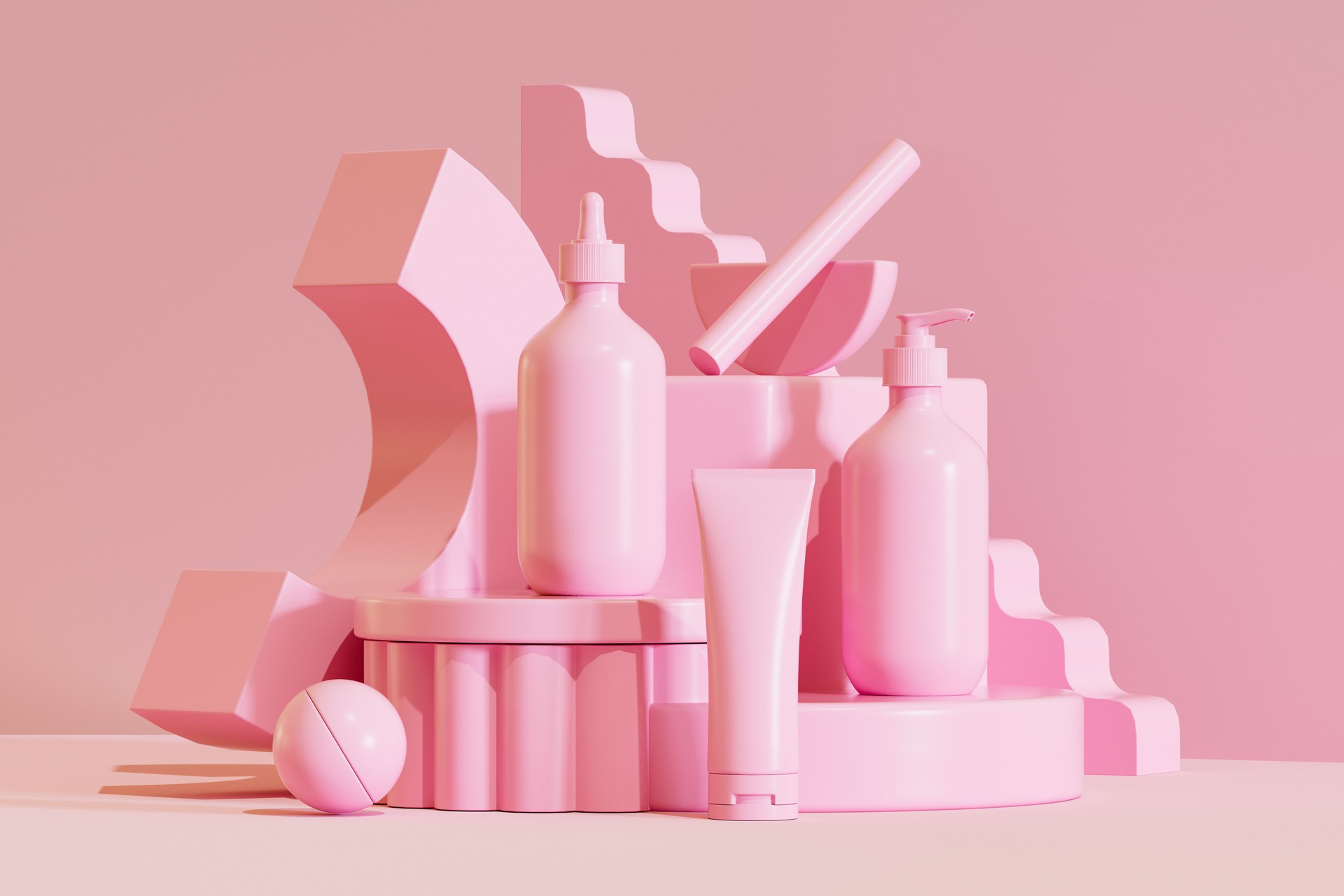 Cosmetic Products on Podium with Pink Background, Beauty and Skincare Concept
