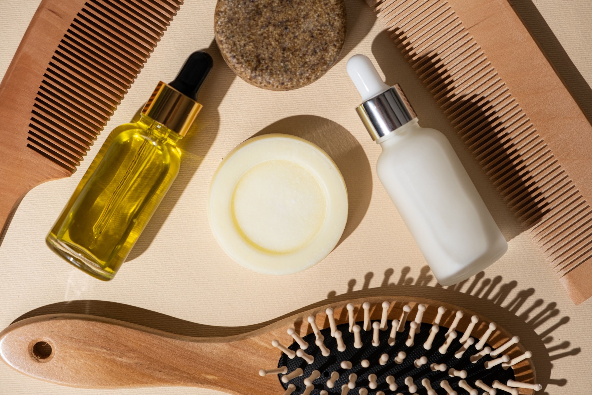 Natural Hair Care Concept - Solid Shampoo, Oils and Serums, Wooden Combs